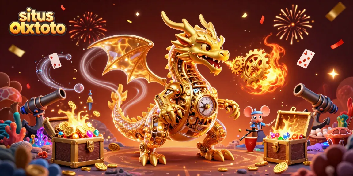 Situs olxtoto menampilkan ilustrasi kasino kaya detail dengan naga dan harta karun.