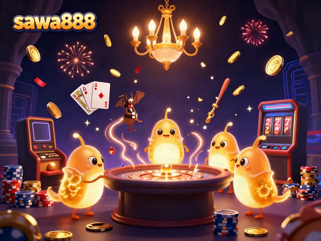Sawa888 glowworms illuminate a vibrant cave casino with cascading coins and festive energy.