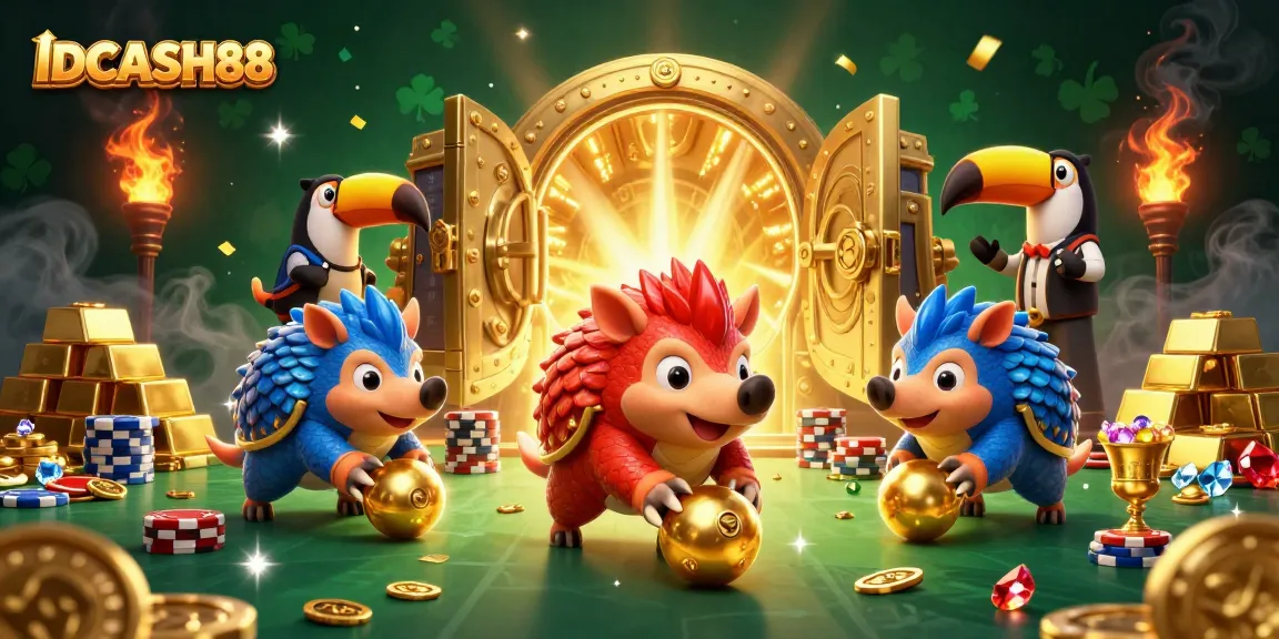 Engage in thrilling gameplay with IDCASH88's vibrant 3D illustration featuring pangolins in action!