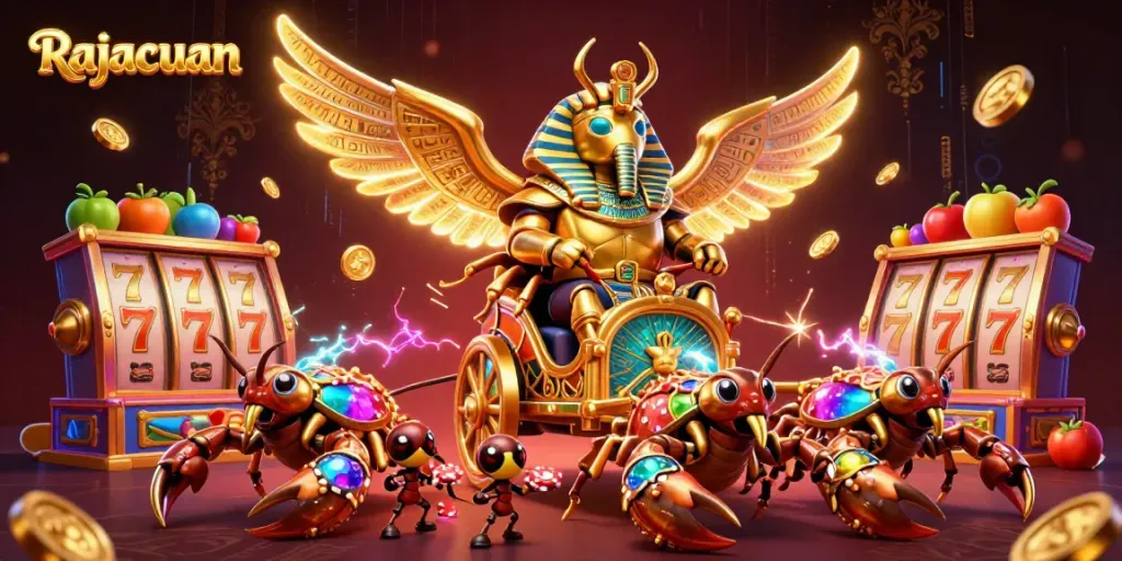 Rajacuan menyajikan ilustrasi kasino menarik dengan elemen slot dan karakter unik.