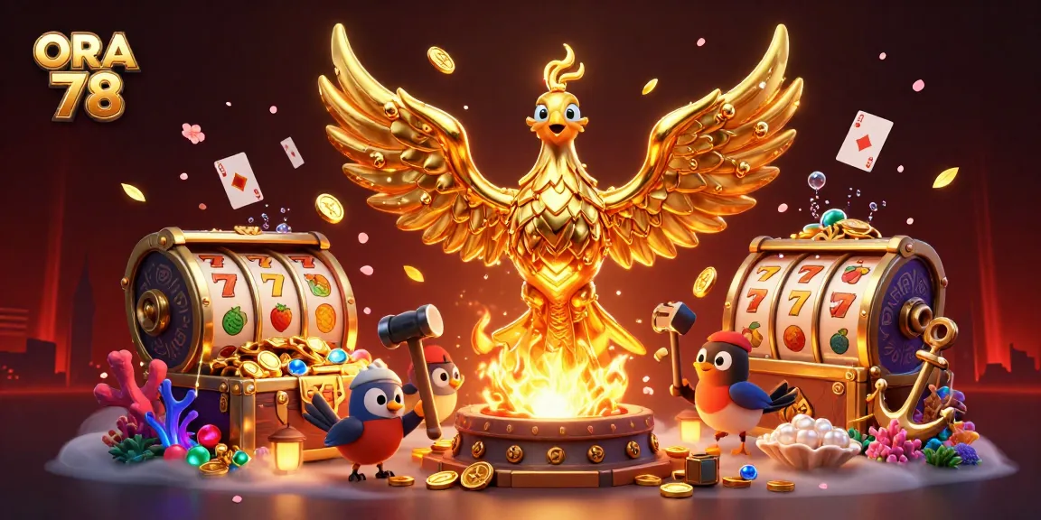 ORA 78 menawarkan permainan slot dengan phoenix emas dan koin yang mengalir dari sayapnya.