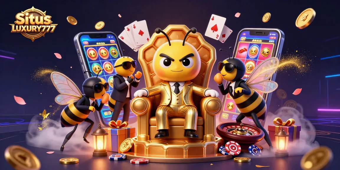 Situs LUXURY777 menampilkan ilustrasi 3D kartun kasino dengan karakter menyenangkan, slot, dan efek magis.