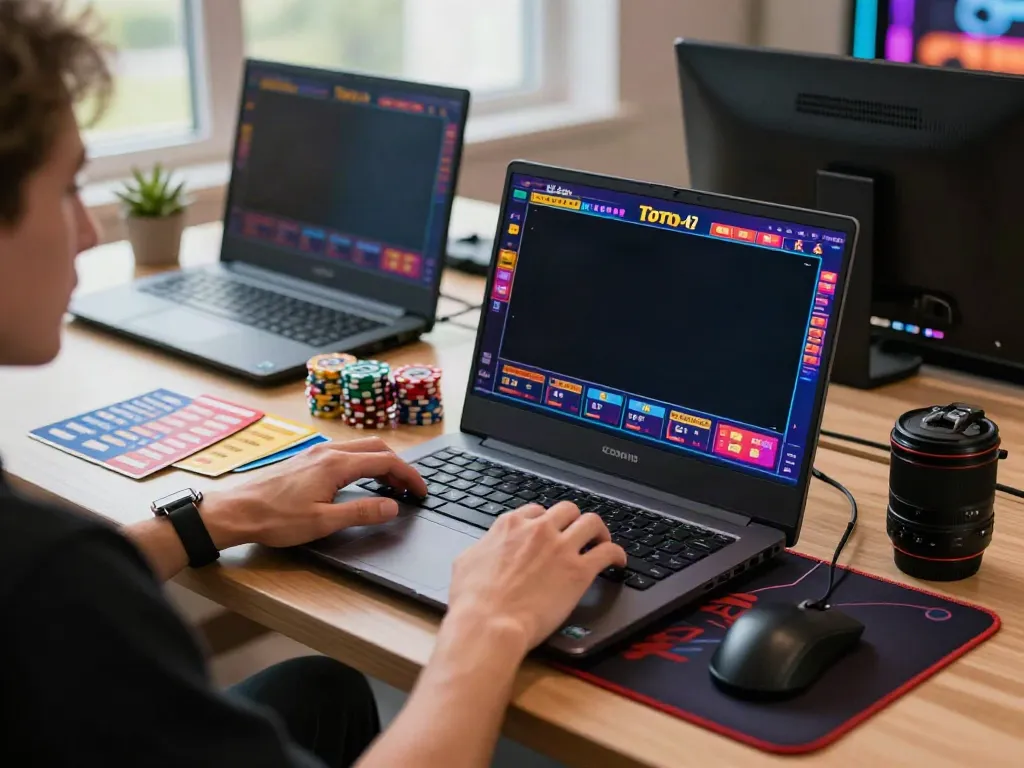 Pemain terlibat dalam permainan Toto Lotto 4D di platform ahha4d dengan antusias, dikelilingi aksesori permainan.