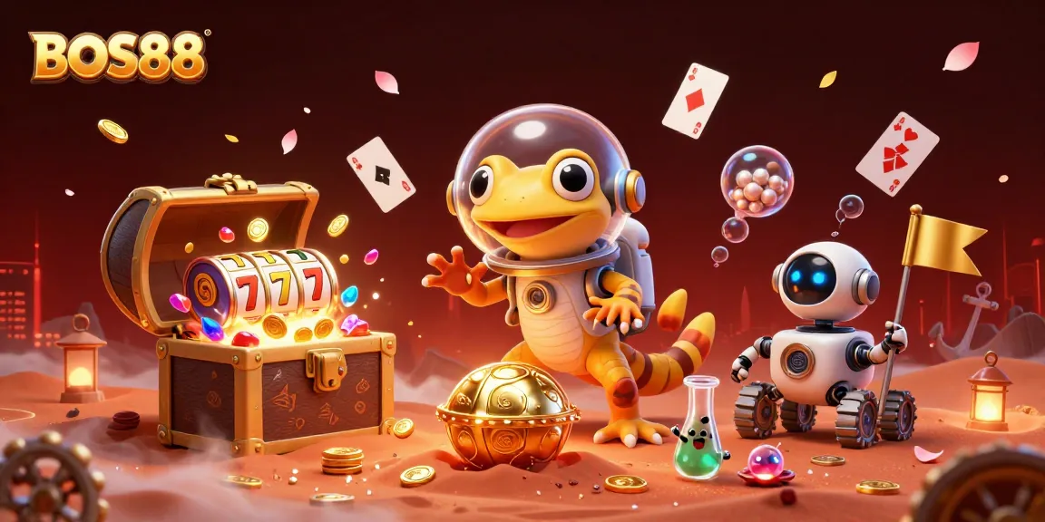 Bermain slot seru di BOS88 dengan gecko luar angkasa dan harta karun menyenangkan.