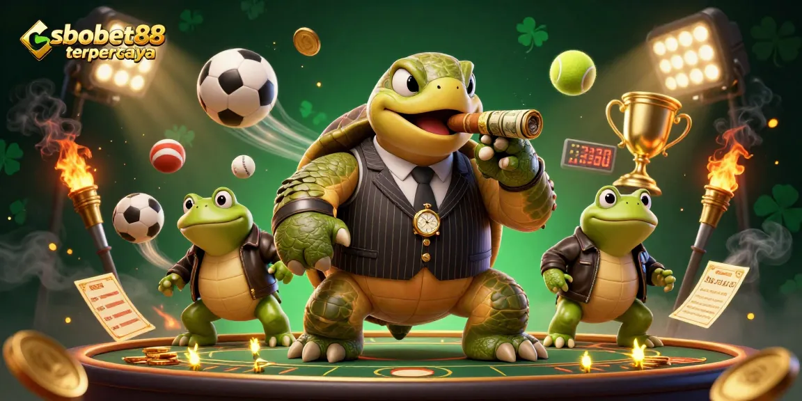 Experience thrilling action in sbobet88 terpercaya with a dynamic gambling illustration featuring sports elements and energetic characters.