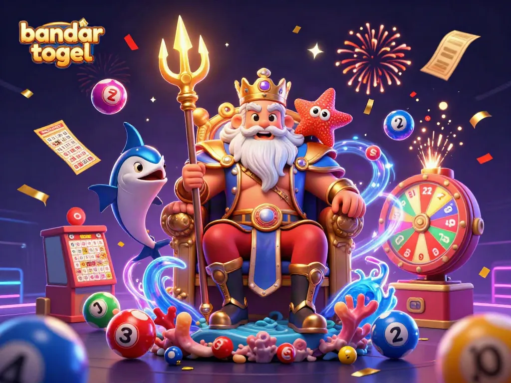 Gambaran penuh warna bandar togel dengan karakter dan elemen lotere yang meriah.