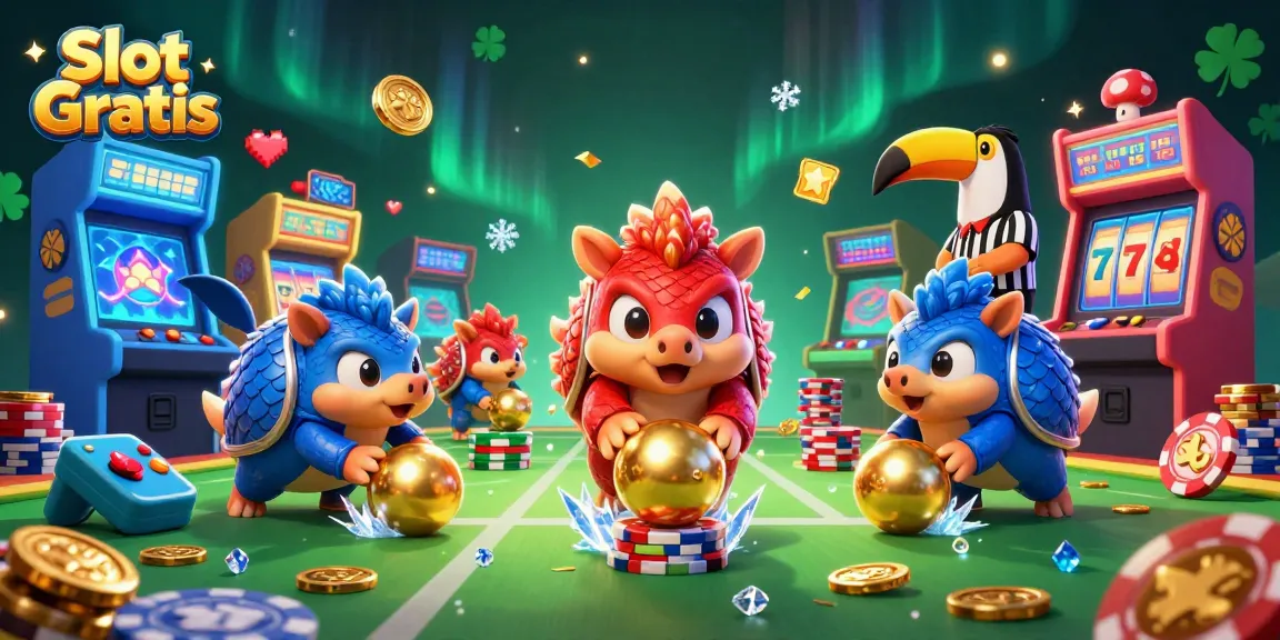 Play Slot Gratis with rival pangolins rolling into golden balls and bowling through poker chips in a vibrant casino.