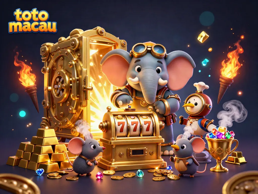 Menangkan jackpot dengan toto macau, ilustrasi detail 3D menampilkan mesin slot dan karakter menarik.