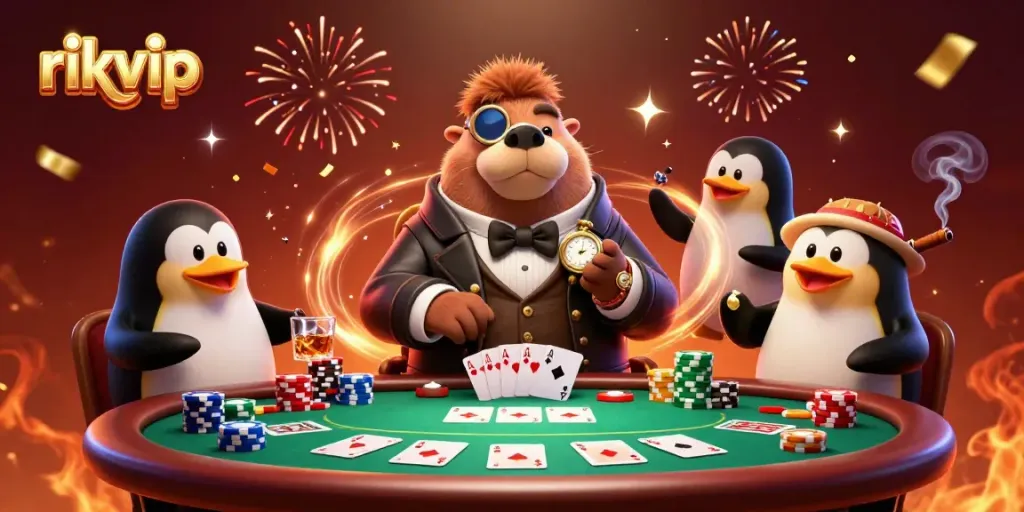 Engage in a riveting poker game with rikvip's whimsical characters undersea.
