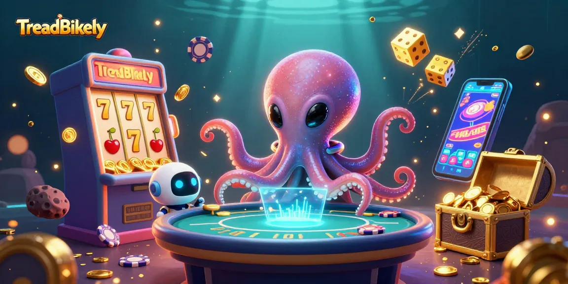 TreadBikely showcases an alien octopus at a holographic poker table amid vibrant casino elements.