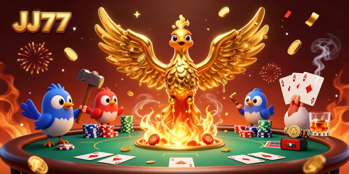 Experience thrilling gaming with JJ77's engaging golden phoenix and poker elements.