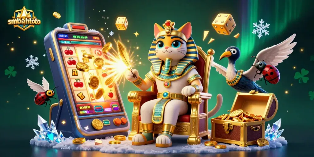 Bet on Sembatoto with a vibrant 3D casino scene featuring Egyptian-themed slot elements and characters.