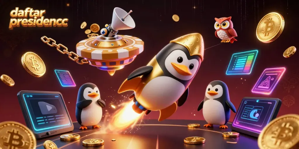 Experience excitement with daftar presidencc in a vibrant casino-themed 3D illustration featuring a golden penguin.