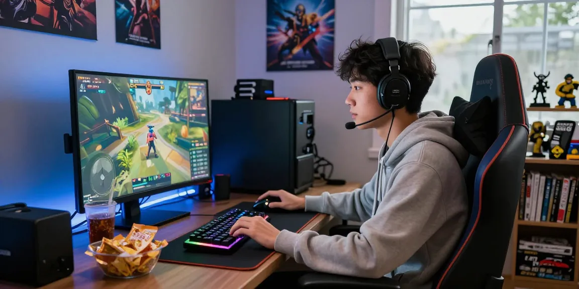 Engaged player enjoying dollar4d gaming setup with snacks and RGB lights in a modern room.