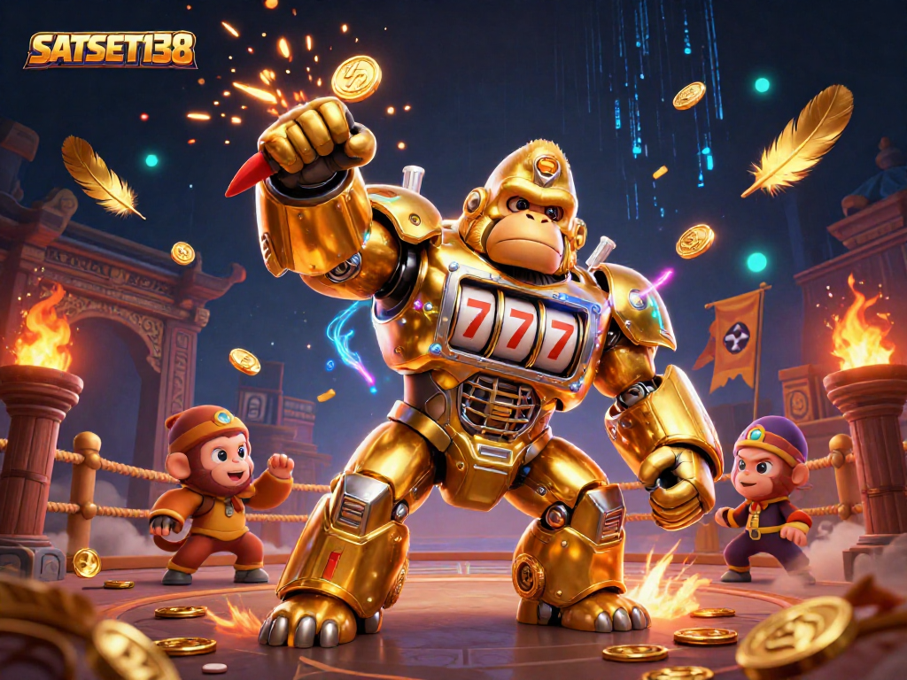 Mainkan slot gacor di SATSET138, dengan simbol keberuntungan dan petarung hebat di arena.