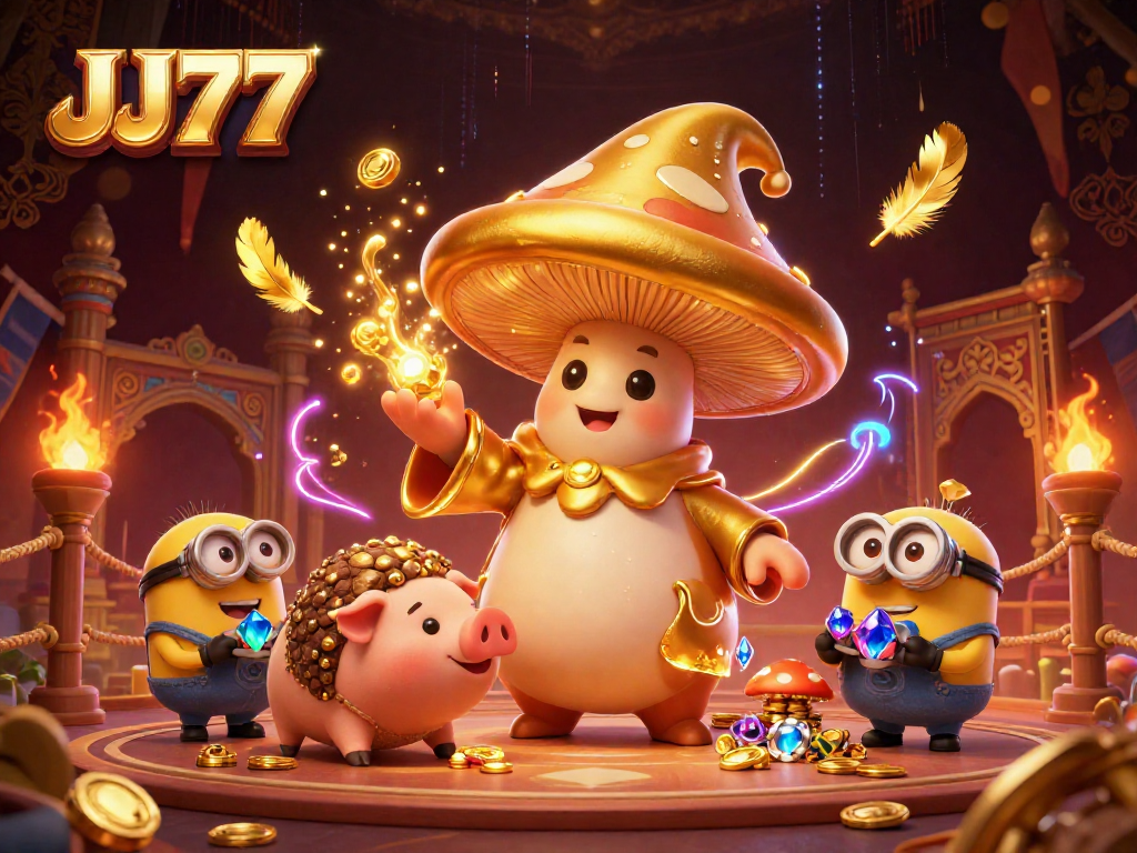 Engage with JJ77 using expert strategies in this vibrant casino scene featuring magical characters and gaming elements.