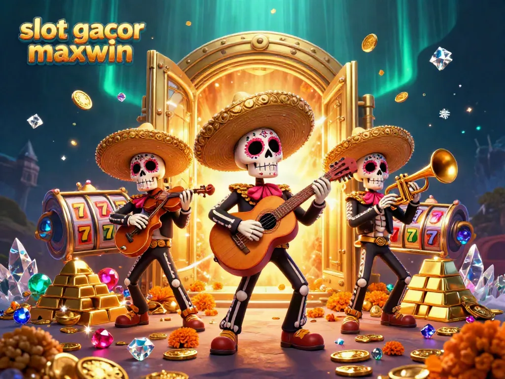 Engage with 'slot gacor maxwin' through this vibrant 3D illustration showcasing a lively mariachi band amidst gold treasures and slot elements.