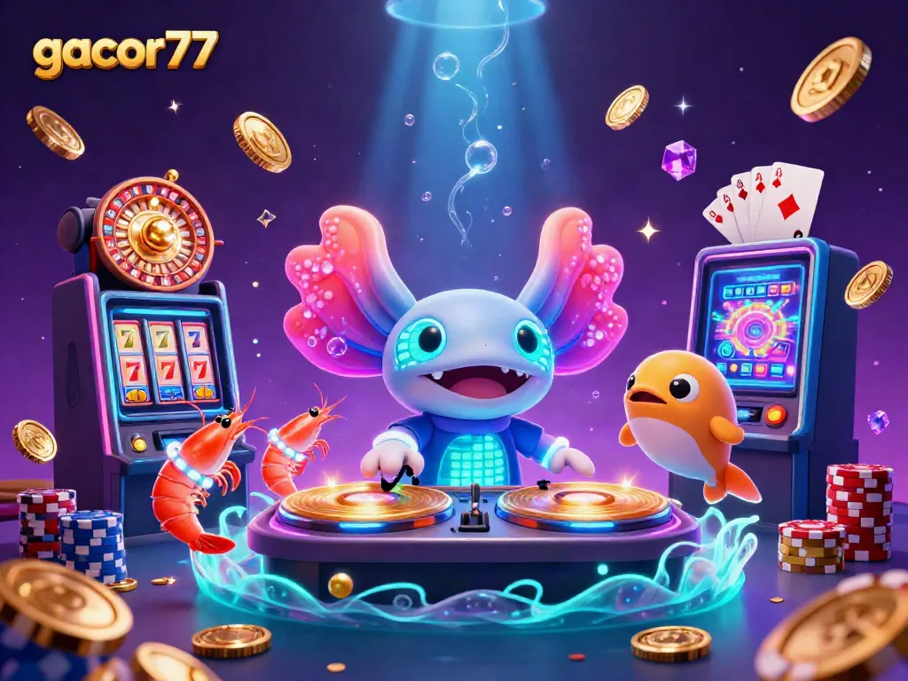 Gacor77 nikmati dunia slot dengan ilustrasi 3D pusat permainan kasino yang berwarna-warni.