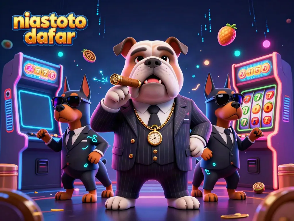 Gambar niastoto daftar, petualangan taruhan di kasino dengan karakter bulldog dan Doberman yang mengesankan.