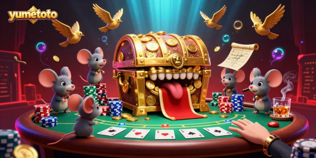 Explore yumetoto rich casino scene featuring treasure chest, poker chips, and glowing game elements.