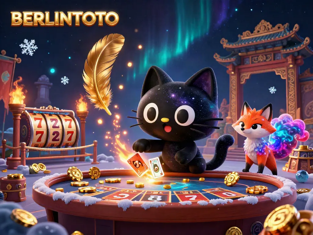 Experience the excitement of BERLINTOTO's casino with the black hole cat and nebula fox amidst vibrant slot reels and golden chips.
