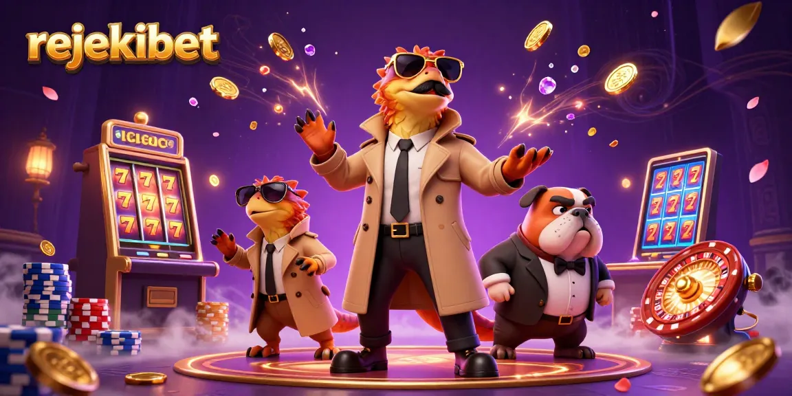 Rejekibet raptors in trench coat vie for VIP entry, surrounded by cascading casino prizes.