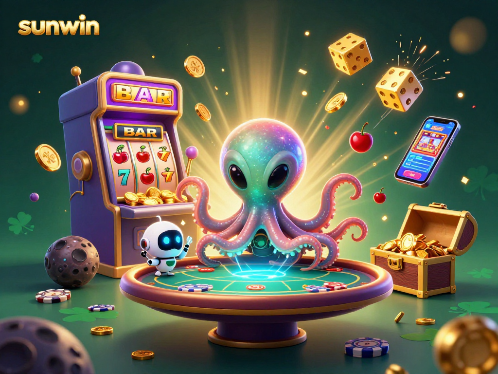 Experience the excitement of sunwin casino with an alien octopus and holographic poker in a vibrant, detailed 3D scene.