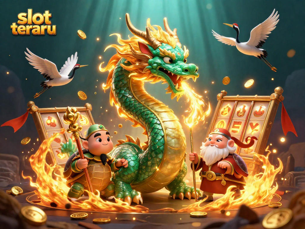 Experience the thrill of slot terbaru with a vibrant 3D scene featuring a jade dragon and lucky cranes.