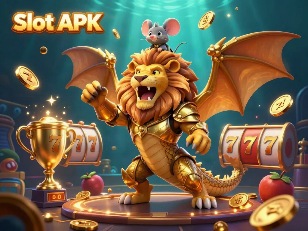 Experience Slot APK with the roaring chimera and vibrant casino elements in a captivating 3D illustration.