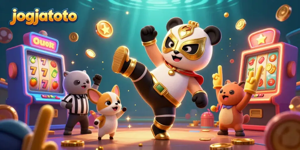 Experience the excitement of jogjatoto with a lively scene featuring a panda wrestler and casino elements.