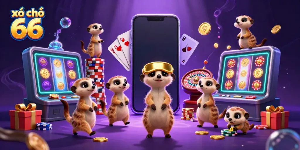 Experience the excitement of xổ số 66 with meerkats running a colorful casino, showcasing vibrant games and golden coins.