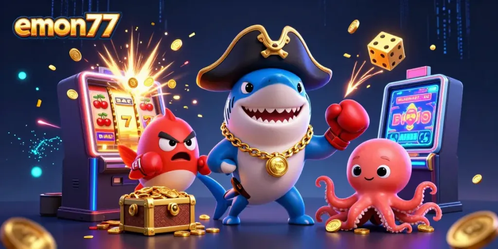 Spin the reels with emon77 as a cartoon pirate shark, pufferfish, and octopus celebrate a jackpot!