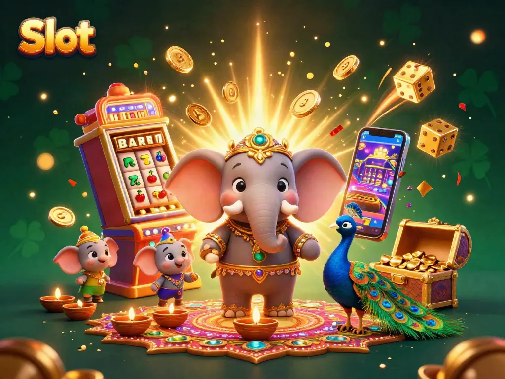 Putar Slot dengan Gajah dan Simbol Jackpot di Latar yang Megah