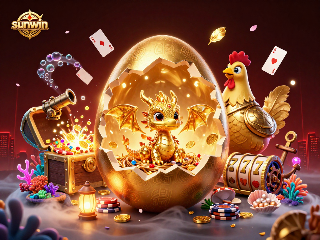 Win big with sunwin in this vibrant casino-themed illustration featuring dynamic game elements.
