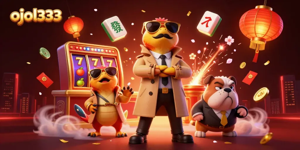 Experience thrilling gaming at ojol333 with raptors in a trench coat entering a casino.