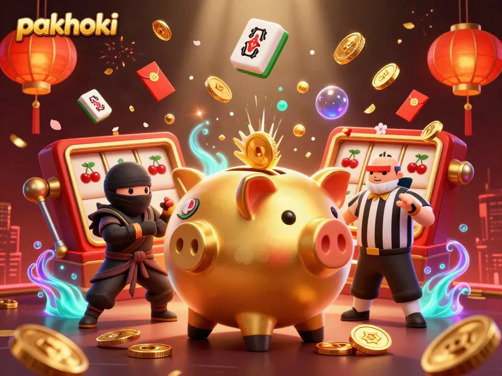 Pakhoki menghadirkan suasana permainan slot yang seru dengan karakter animasi berwarna cerah dalam ilustrasi 3D.