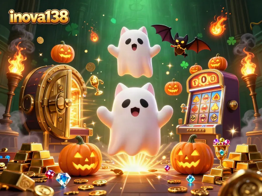Experience the thrilling vibes of inova138 with a playful ghost cat and bat amidst rich casino treasures.