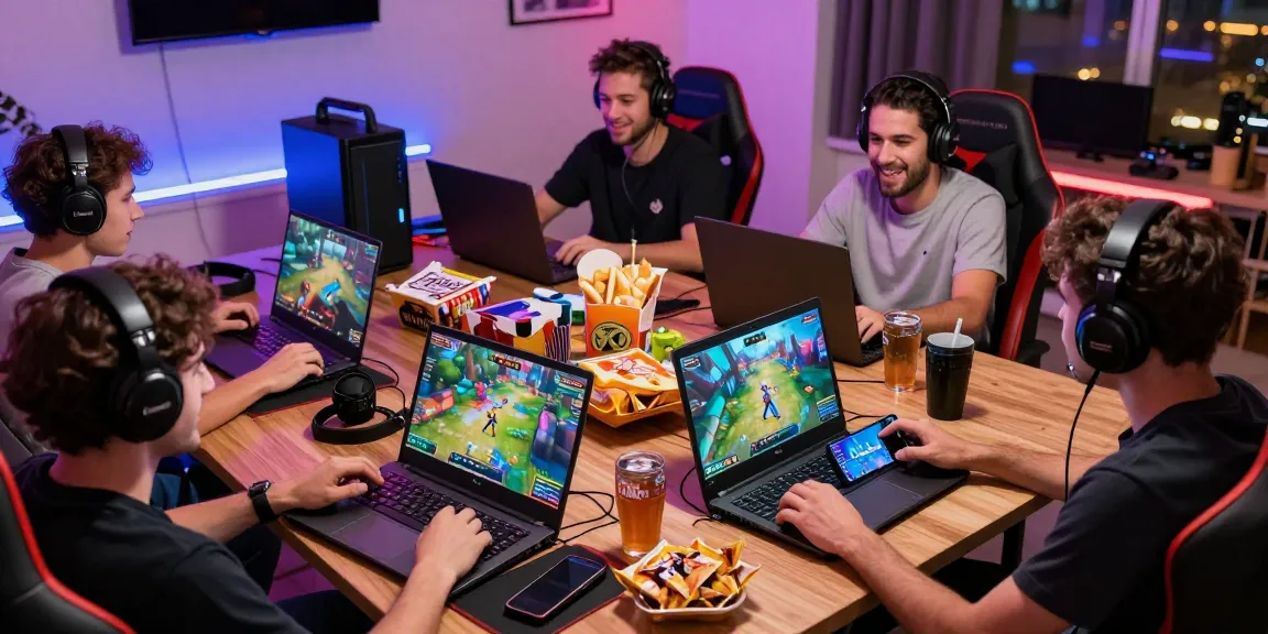 Players enjoying CIKA4D online gaming experience with laptops and smartphones in vibrant setting