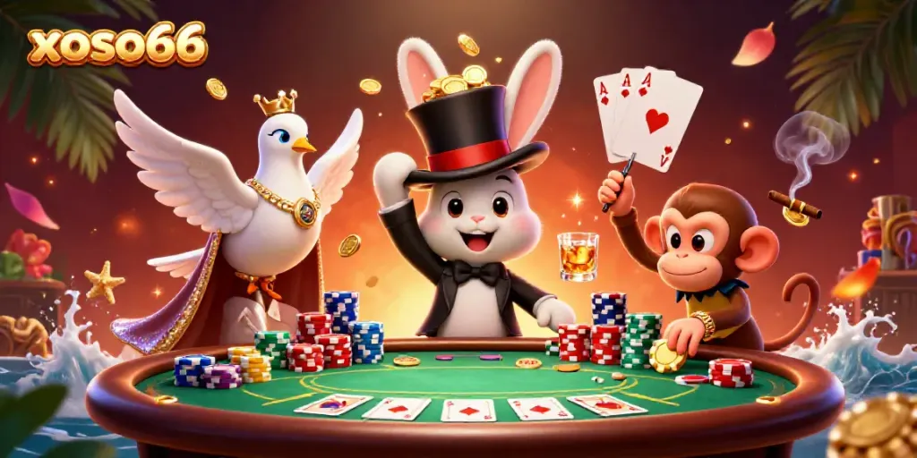 Engage with thrilling xoso66 gameplay featuring a magician rabbit and poker elements in a vibrant scene.