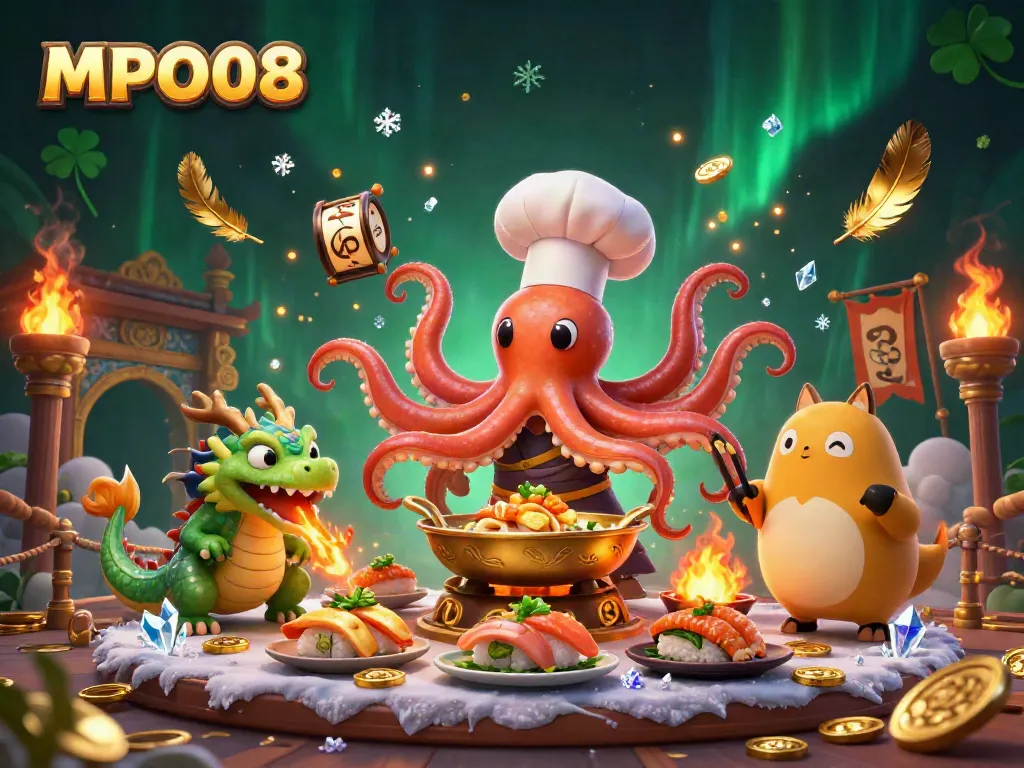 Engaging scene of MPO08 featuring a sushi chef octopus, a dragon, and a tanuki in a vibrant casino setting.