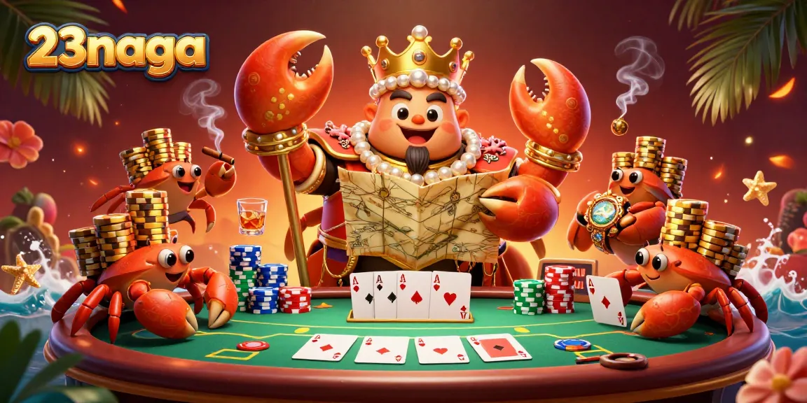 Join the excitement of 23naga with a vibrant poker scene and a golden crab emperor.