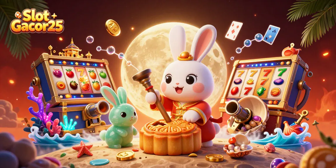 Menangkan Slot Gacor25 dengan permainan slot yang mengasyikkan dan simbol keberuntungan di latar belakang bulan.
