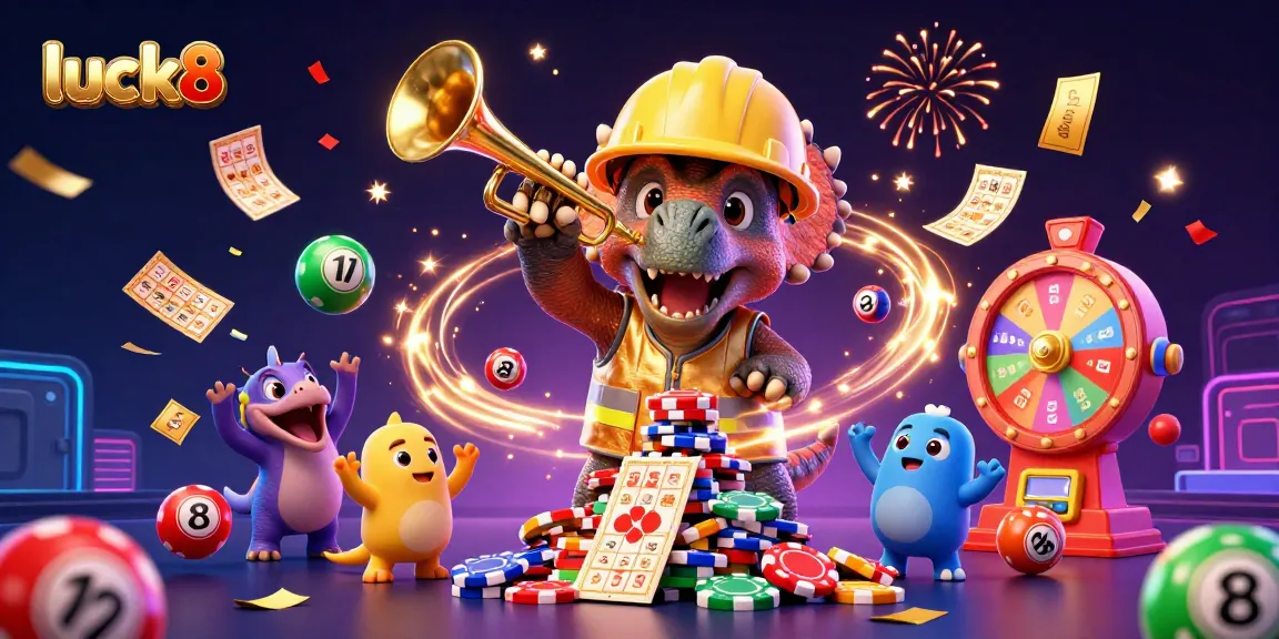 Experience excitement at luck8 with a triceratops building a poker chip pyramid surrounded by colorful lottery elements.