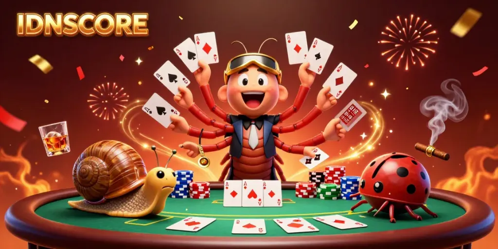 Experience the excitement of IDNSCORE with a dynamic scene featuring unique casino characters and vibrant game elements.