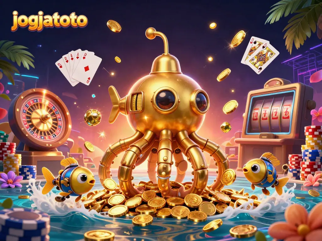 Experience the thrill of jogjatoto with a dynamic 3D scene showcasing casino elements and golden treasures.