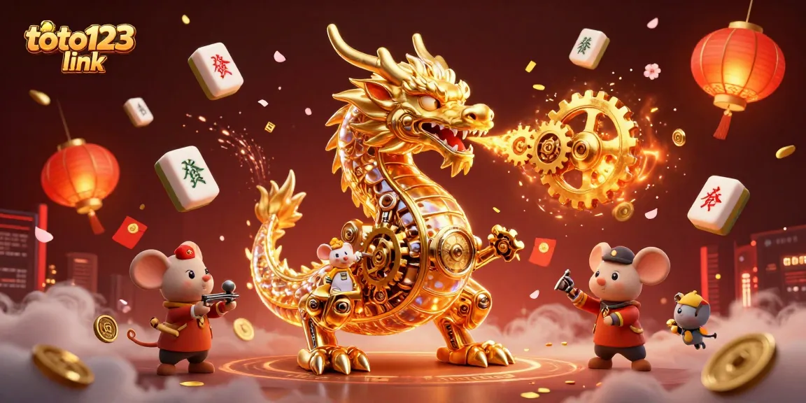 Engage with the dynamic scene of the toto123 link featuring a golden dragon emitting gears, surrounded by mahjong tiles and festive elements