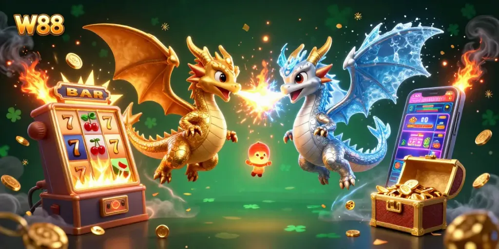 Engage in spectacular wins at W88 with this vibrant casino scene featuring dynamic dragons and exciting gaming elements.