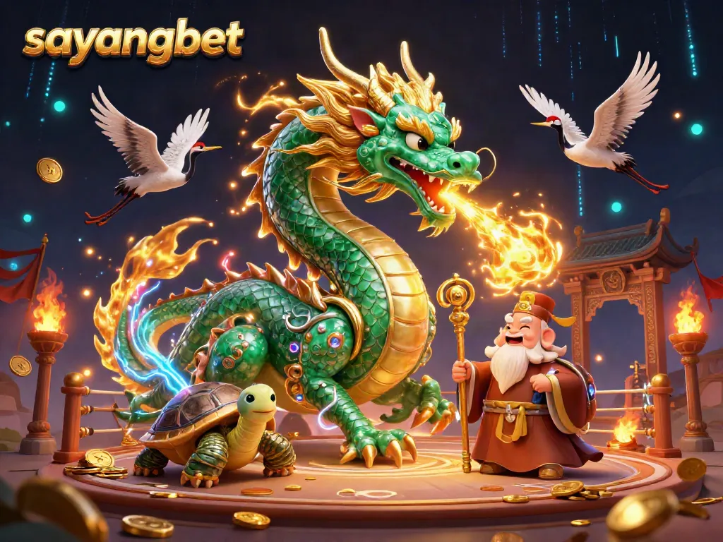 Experience thrilling gameplay at sayangbet with a dynamic dragon, sage, and lucky cranes in vibrant casino scene.