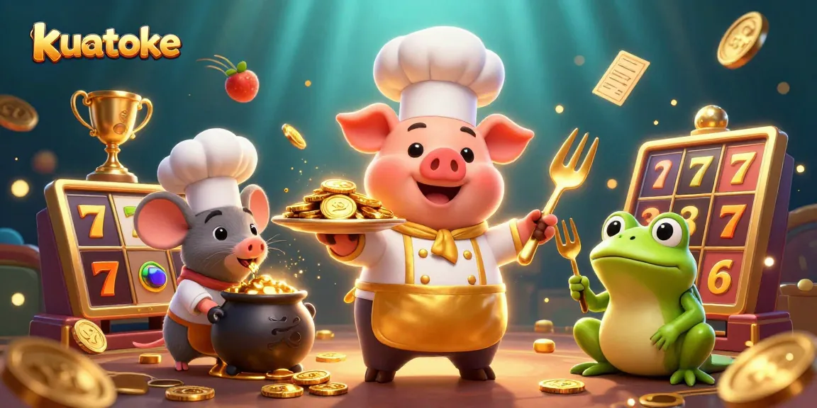 Kuatoke casino scene with a chef pig, gold coins, and slot reels in a vibrant, dynamic illustration.