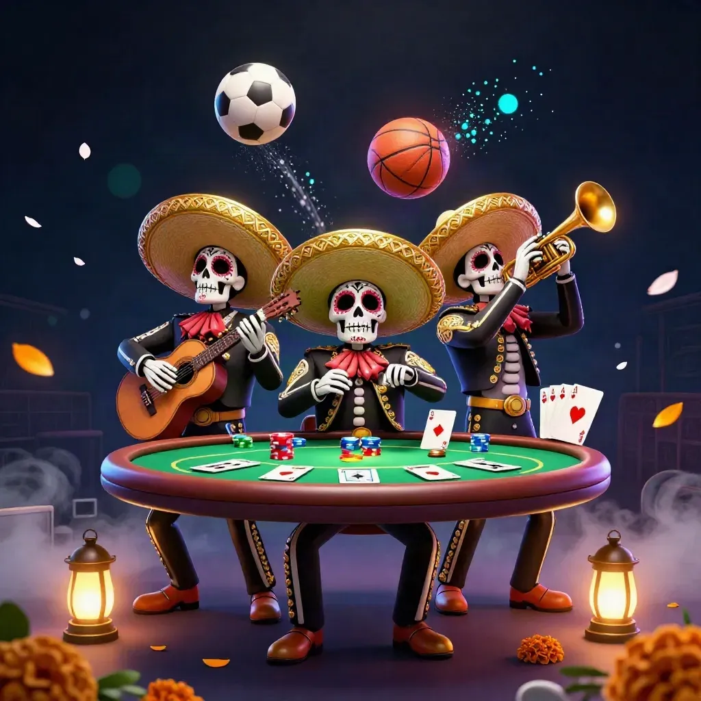 Tiga kerangka mariachi dengan bola sepak, bola basket, chip poker, dan cahaya neon gelap.